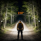 230-degree wide beam rechargeable LED headlamp illuminating a forest trail at night