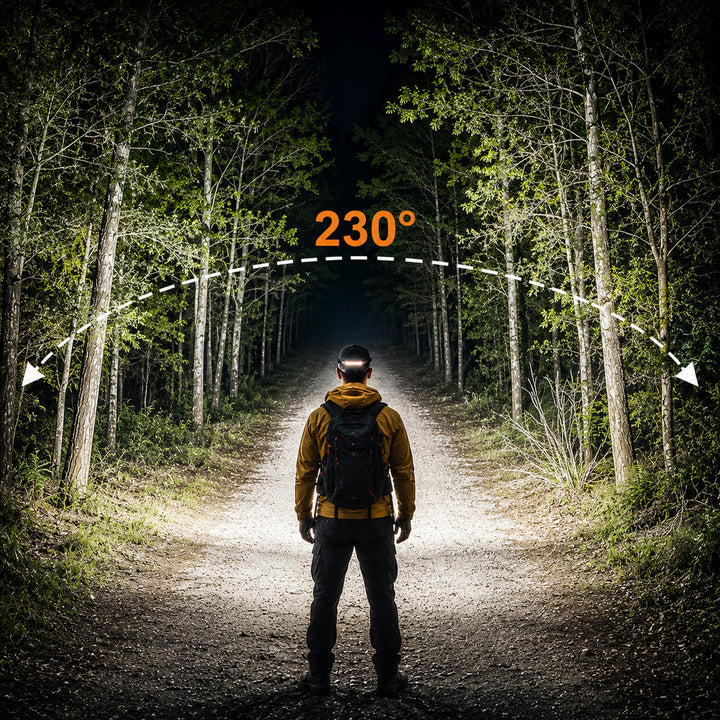 230-degree wide beam rechargeable LED headlamp illuminating a forest trail at night