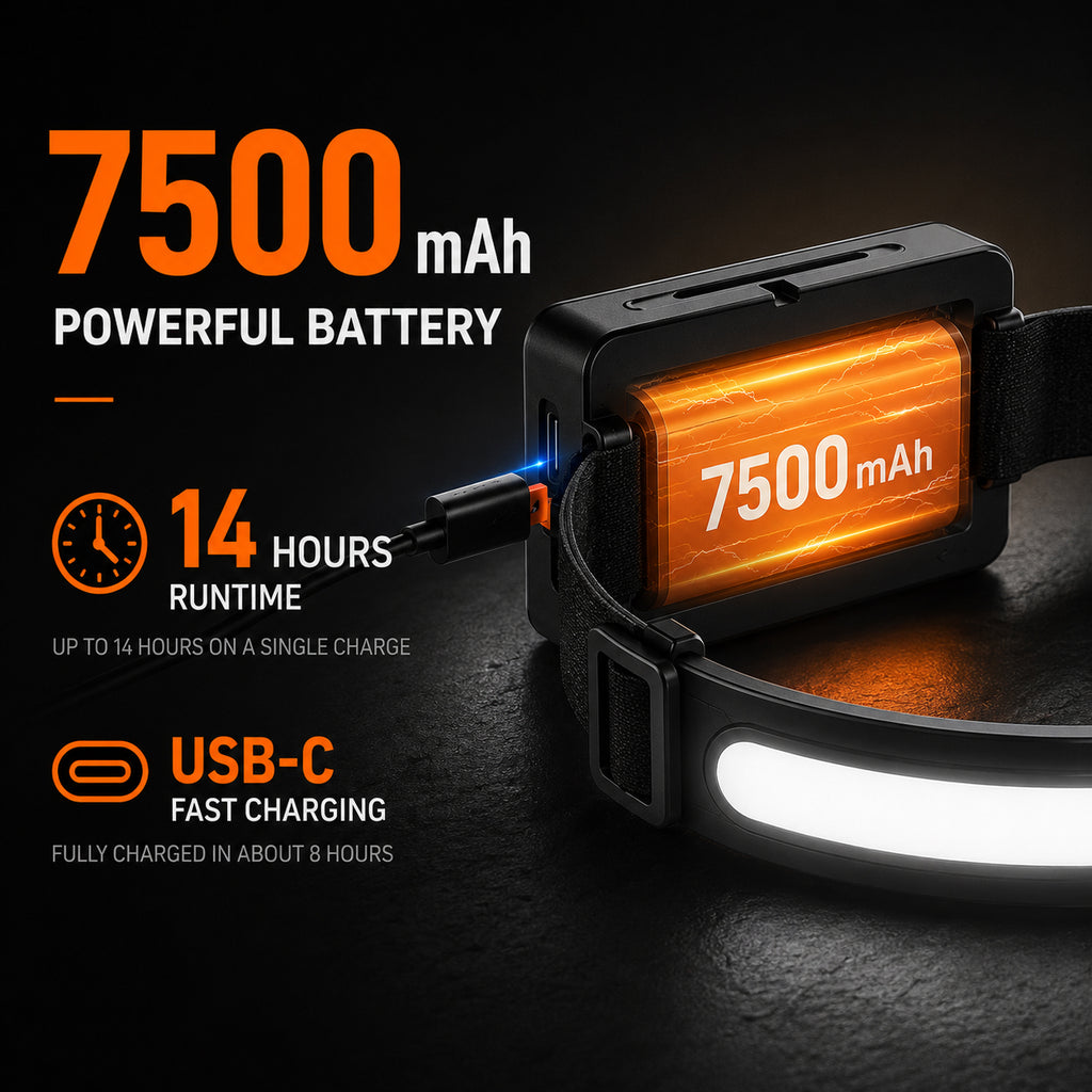 Rechargeable LED headlamp with 7500mAh battery and up to 14 hours runtime