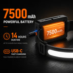 Rechargeable LED headlamp with 7500mAh battery and up to 14 hours runtime