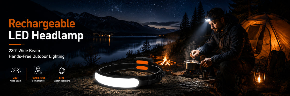 Rechargeable LED headlamp with 230° wide beam for camping, hiking and outdoor adventures