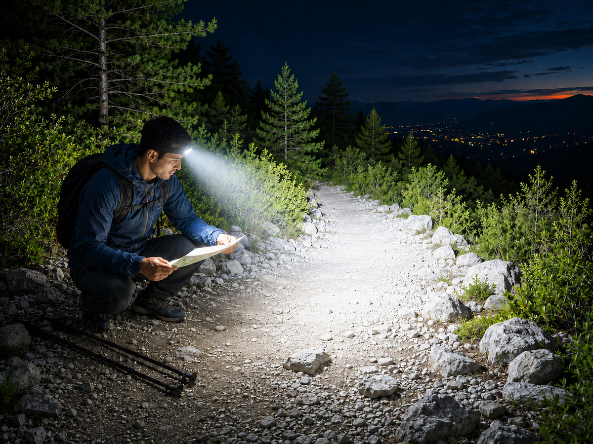 Rechargeable LED headlamp used during night hiking with wide-beam illumination