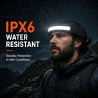 Rechargeable LED headlamp with IPX6 water resistant protection in heavy rain conditions