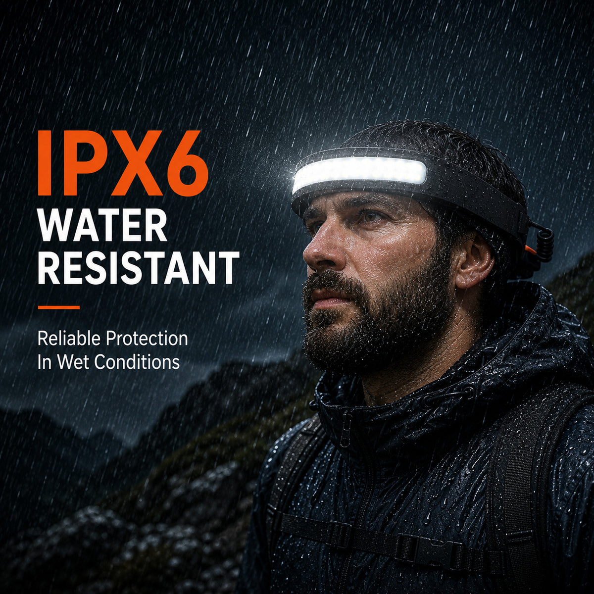 Rechargeable LED headlamp with IPX6 water resistant protection in heavy rain conditions