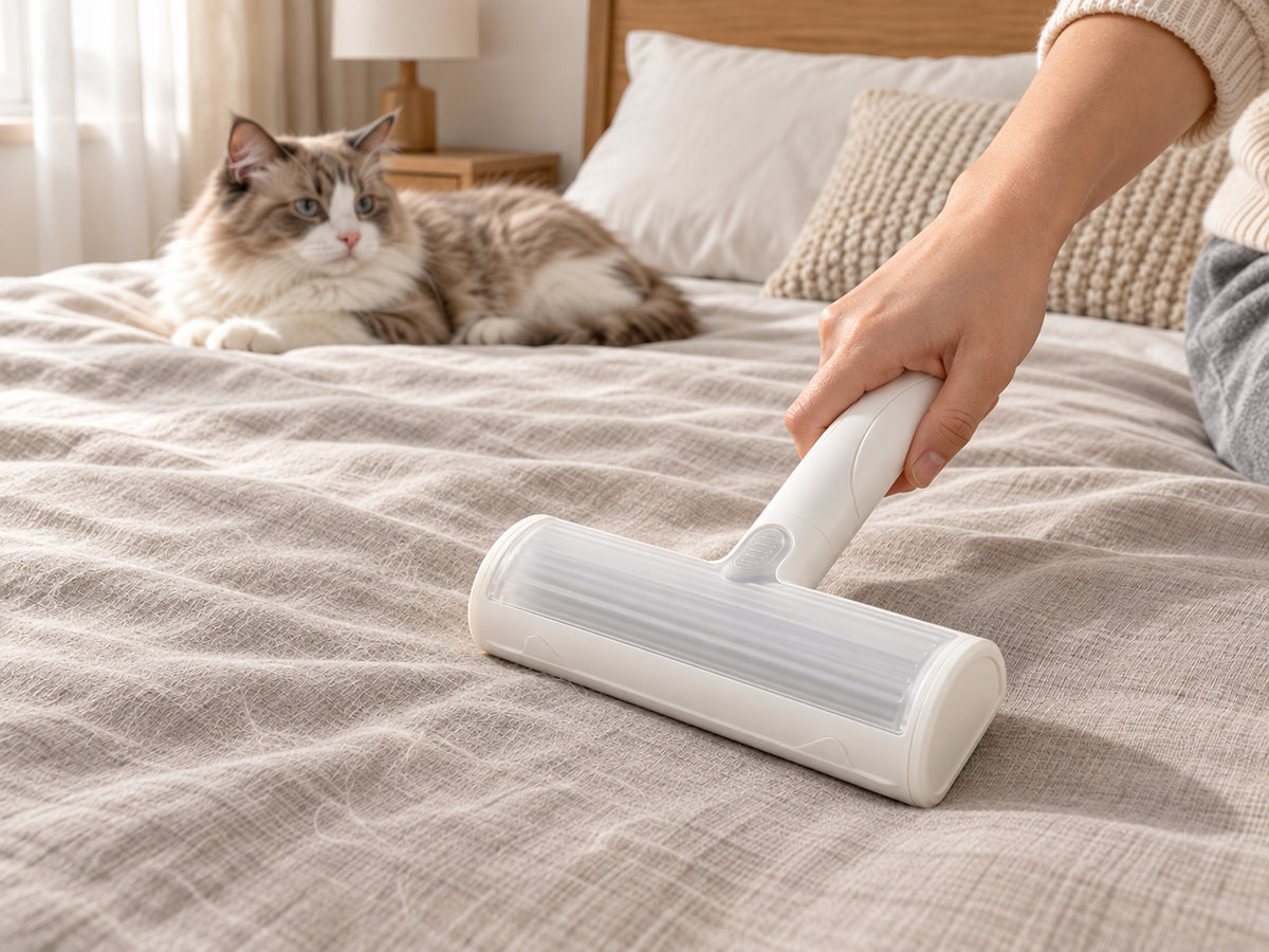 Reusable Pet Hair Remover Brush cleaning pet hair from bedding with a cat resting nearby