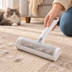Reusable Pet Hair Remover Brush removing cat hair from a living room rug