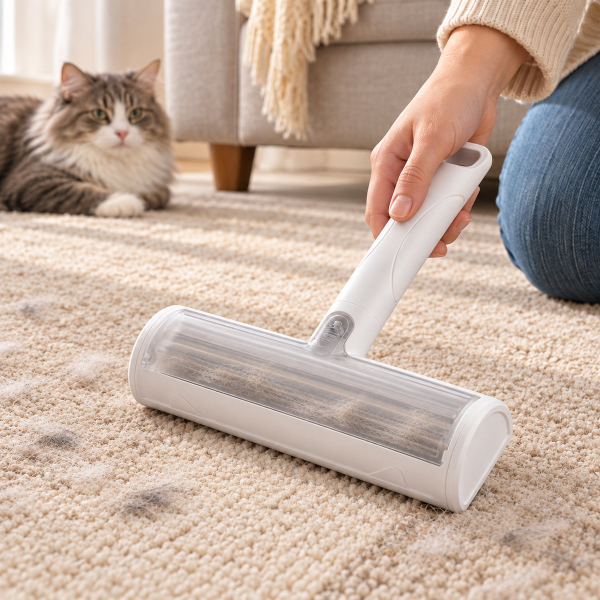 Reusable Pet Hair Remover Brush removing cat hair from a living room rug