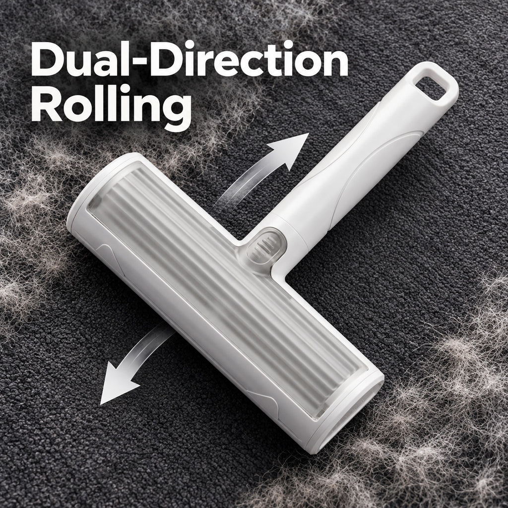 Reusable Pet Hair Remover Brush with dual-direction rolling design on carpet