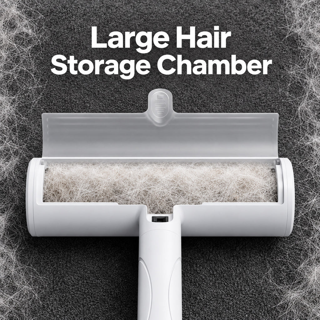 Reusable Pet Hair Remover Brush with open hair storage chamber showing collected pet fur