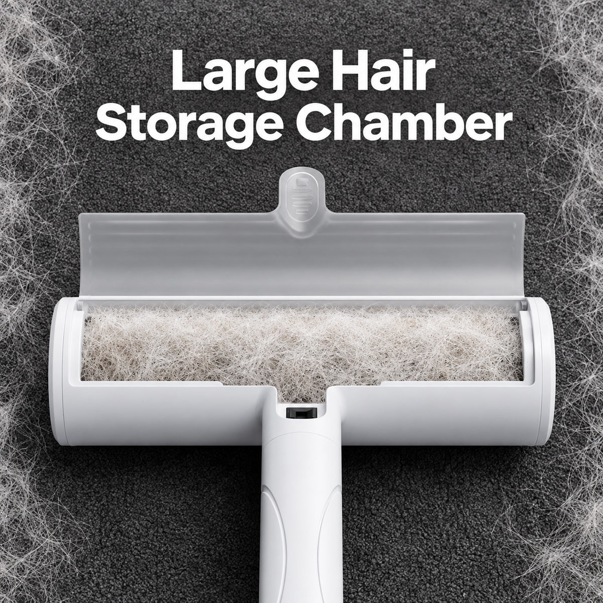 Reusable Pet Hair Remover Brush with open hair storage chamber showing collected pet fur