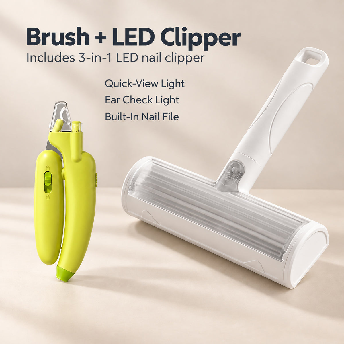Reusable Pet Hair Remover Brush with LED Nail Clipper, Quick-View Light, Ear Check Light and Built-In Nail File