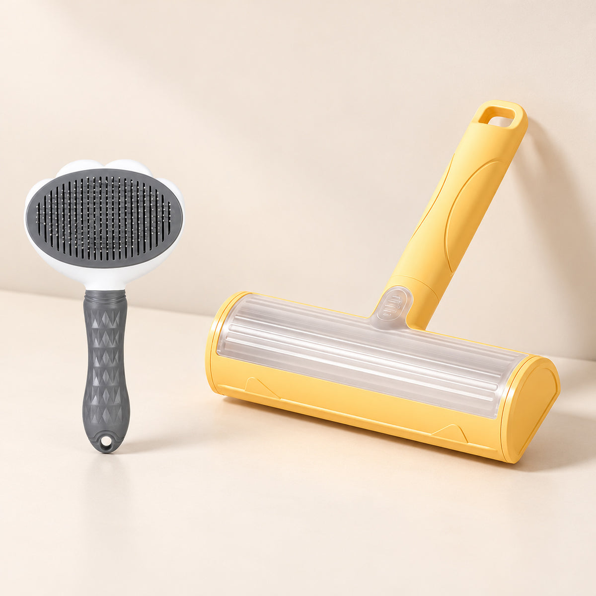 Mango Yellow Reusable Pet Hair Remover Brush with Grey Cat Paw Grooming Brush Set