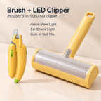 Mango Yellow Reusable Pet Hair Remover Brush with 3-in-1 LED Nail Clipper