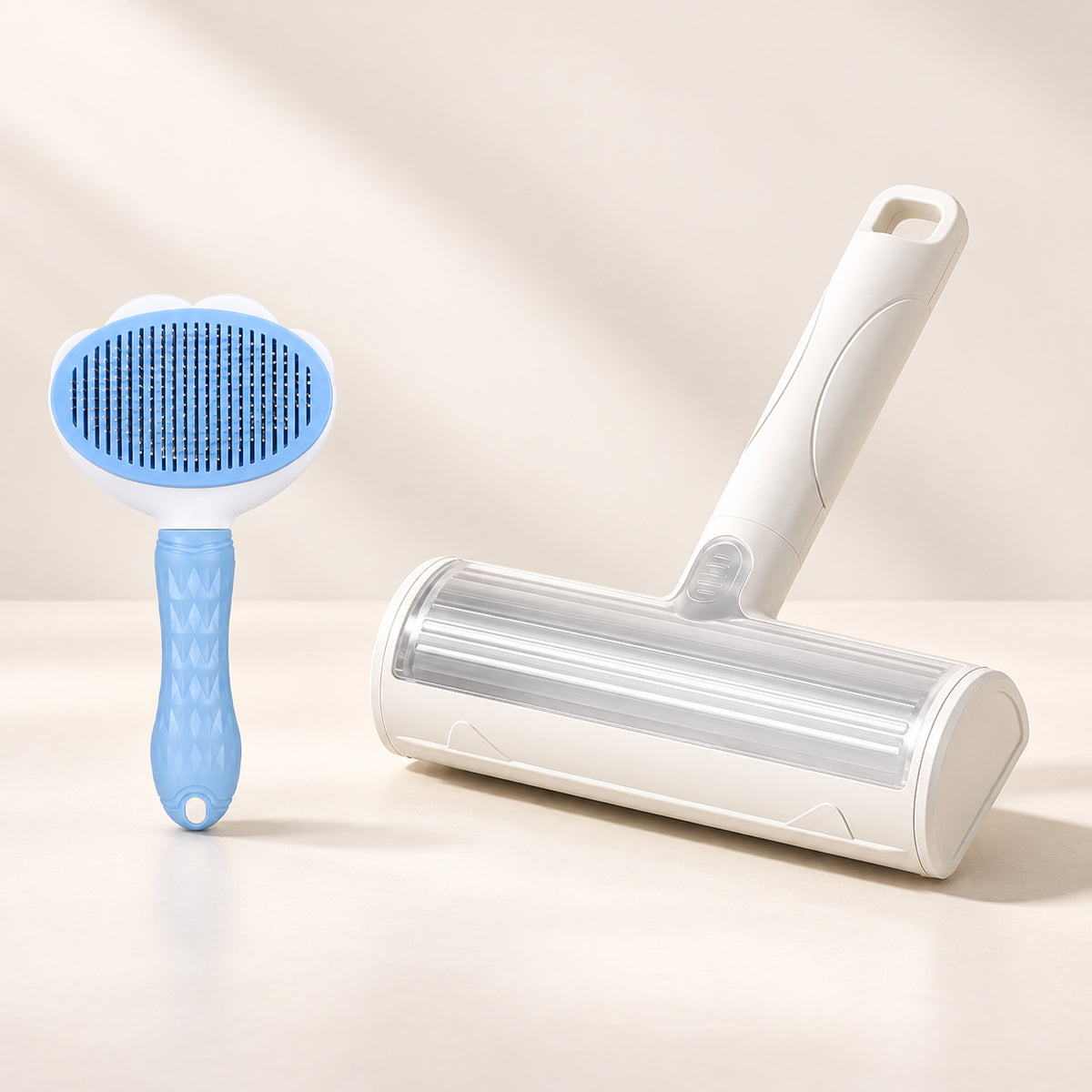 Reusable Pet Hair Remover Brush set with white roller and blue cat paw grooming brush