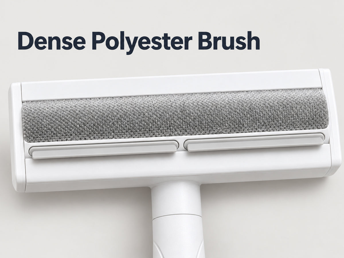 Close-up of the dense grey polyester brush on the Rock White Reusable Pet Hair Remover Brush.