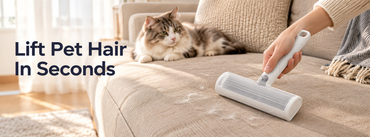 Reusable Pet Hair Remover Brush Cleaning Pet Hair from a Fabric Sofa