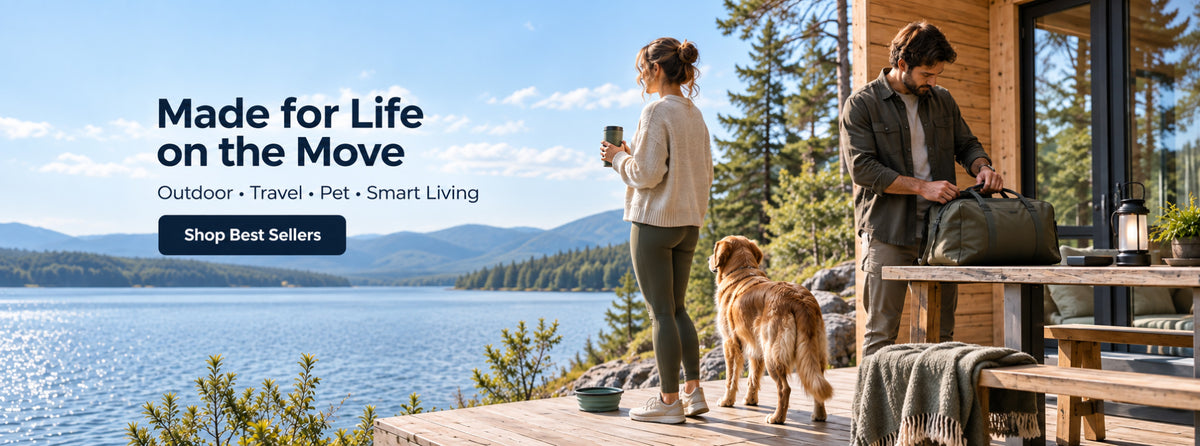 Couple and dog at a lakeside cabin for outdoor, travel and pet adventures