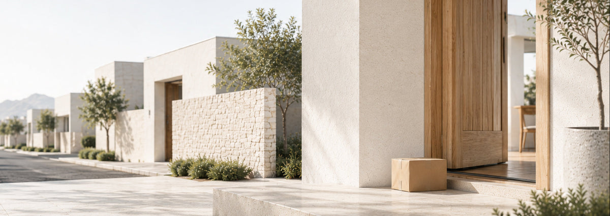 Modern home entrance with a delivered parcel representing reliable shipping by ROVYRO