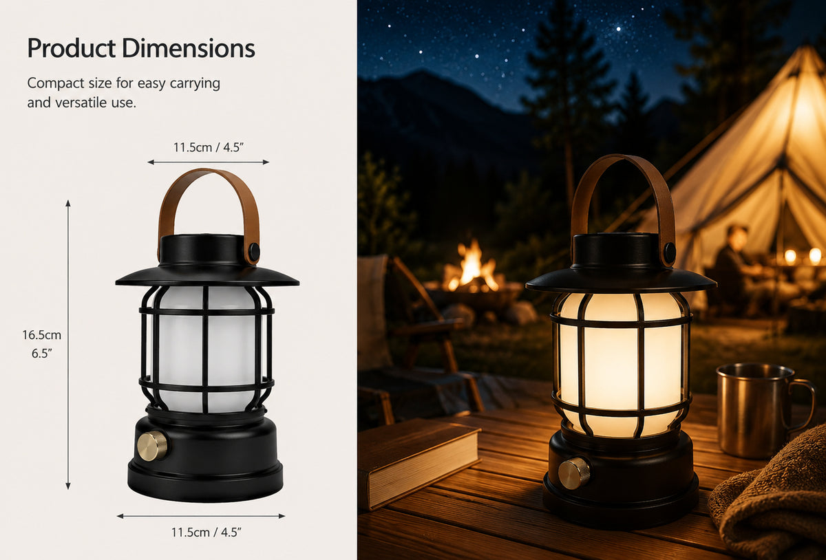 Solar Flame Camping Lantern dimensions 11.5 x 11.5 x 16.5 cm with warm outdoor camping scene