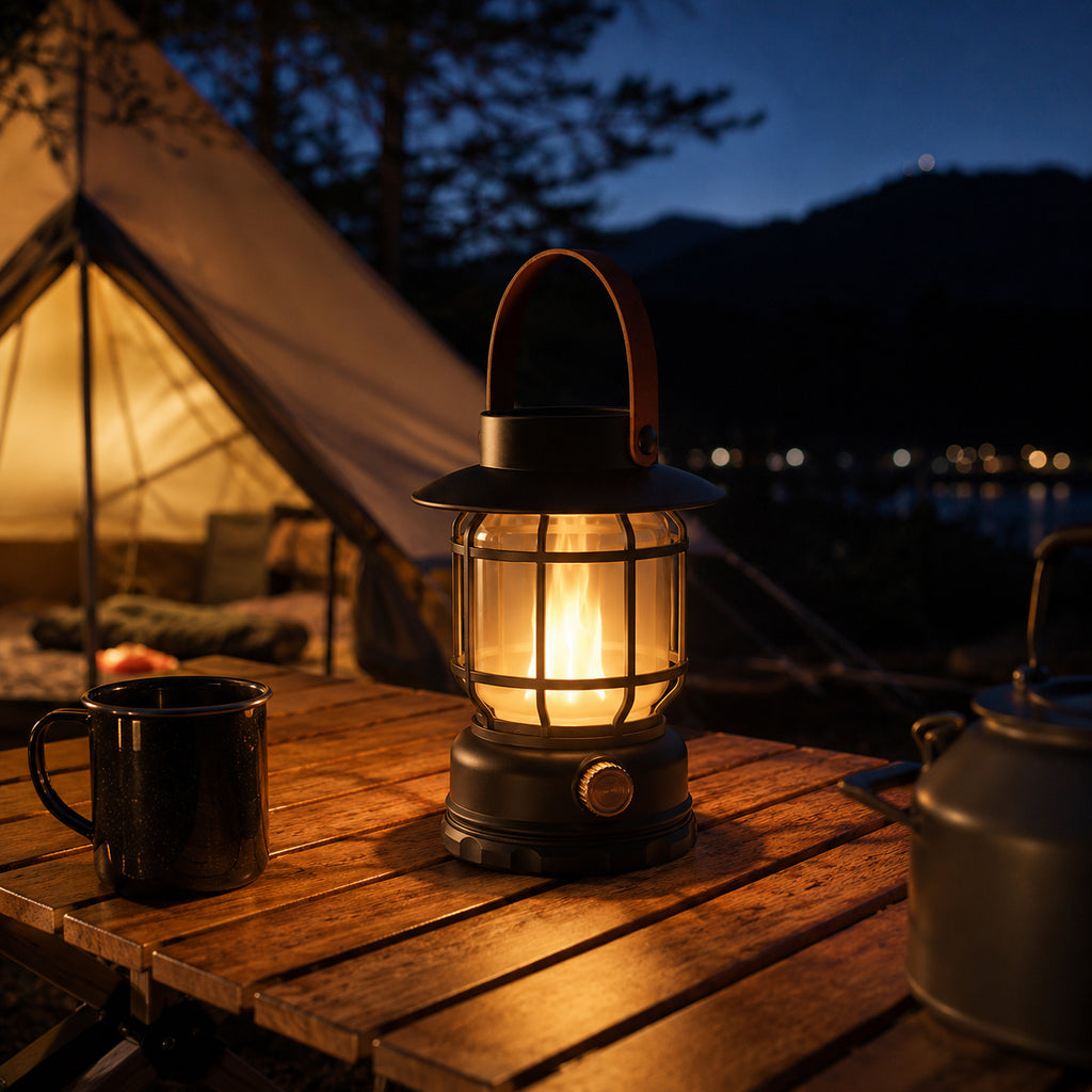 Solar Flame Camping Lantern at Campsite at Night