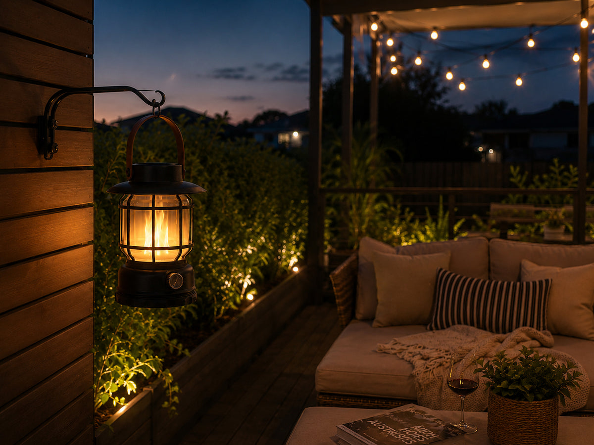 Solar Flame Camping Lantern Hanging on Outdoor Patio Wall with Warm Ambient Glow