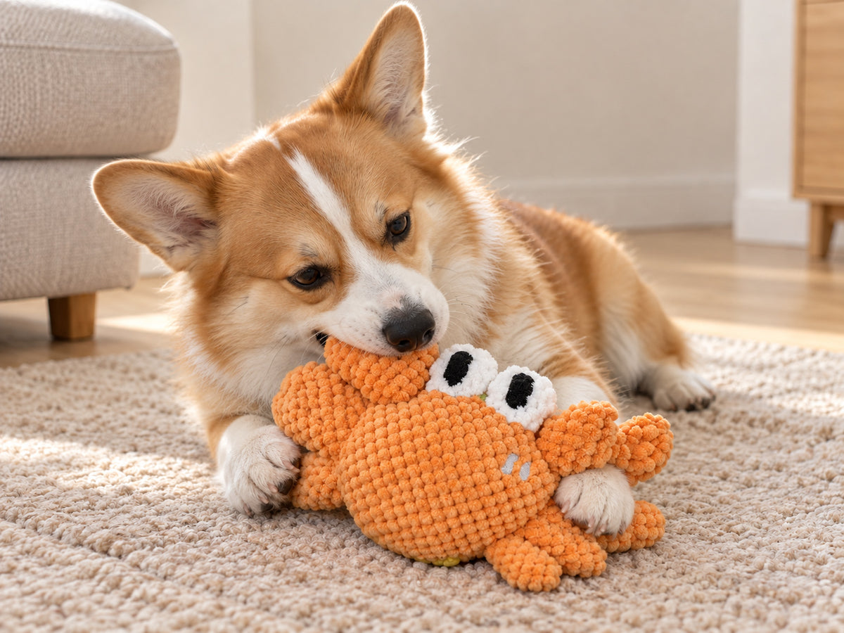 Corgi playing with an orange crab squeaky dog toy at home