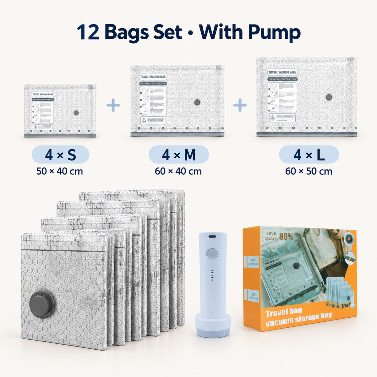 Travel vacuum bag set with electric pump, 12-bag option including 4 each of S, M and L bags with orange retail box.