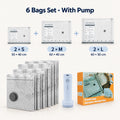 Travel vacuum bag set with electric pump, 6-bag option including 2 each of S, M and L bags with orange retail box.