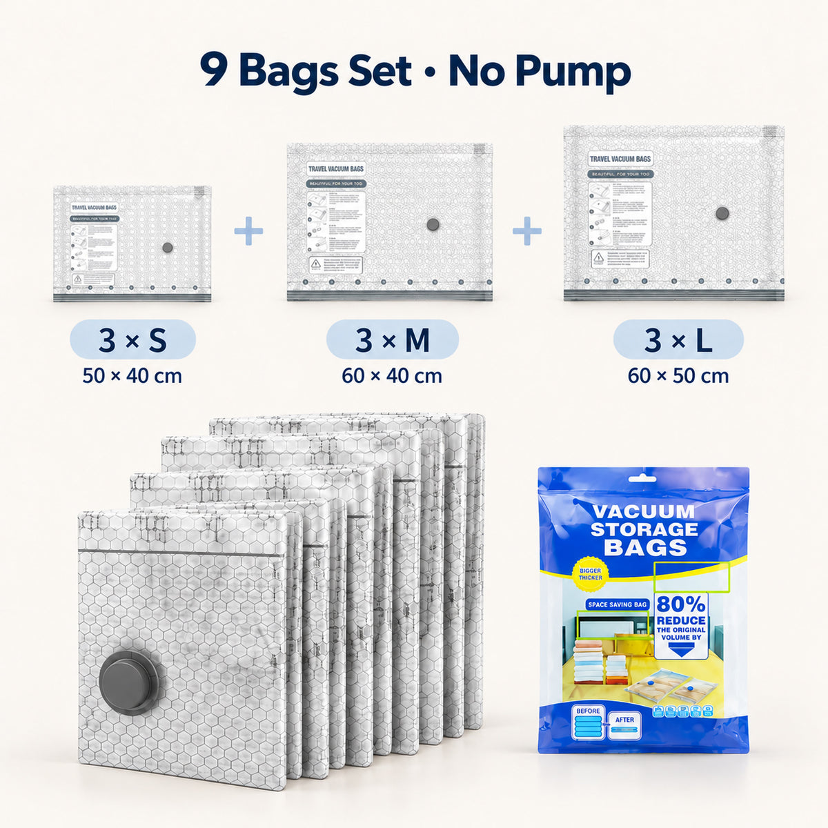 Travel vacuum bag set, 9-bag option without pump, including 3 each of S, M and L bags with retail packaging.