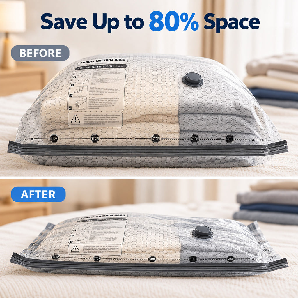Travel Vacuum Bag Set with Pump showing vacuum bags before and after compression, with clothes packed inside to save luggage space.