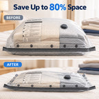 Travel Vacuum Bag Set with Pump showing vacuum bags before and after compression, with clothes packed inside to save luggage space.