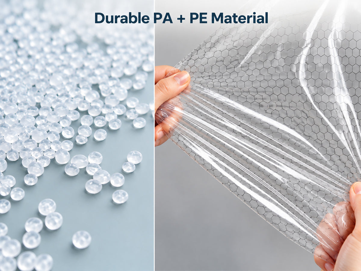 Travel Vacuum Bag Set with Pump PA and PE material detail, showing translucent material pellets and hands gently pulling the honeycomb-patterned vacuum bag film.