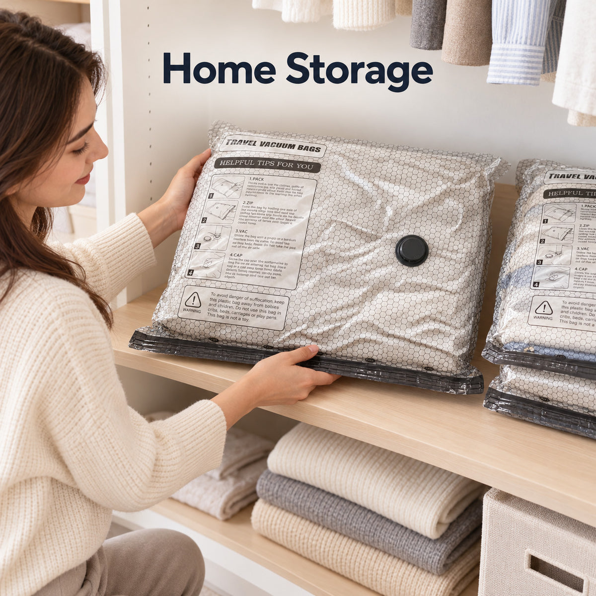Woman organizing a Travel Vacuum Bag Set with Pump on a wardrobe shelf, showing the honeycomb-pattern vacuum bag for home storage.