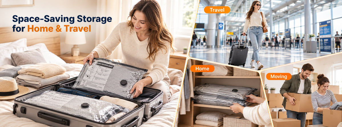 Travel Vacuum Bag Set with Pump shown in travel packing, home storage and moving scenes with space-saving vacuum bags.