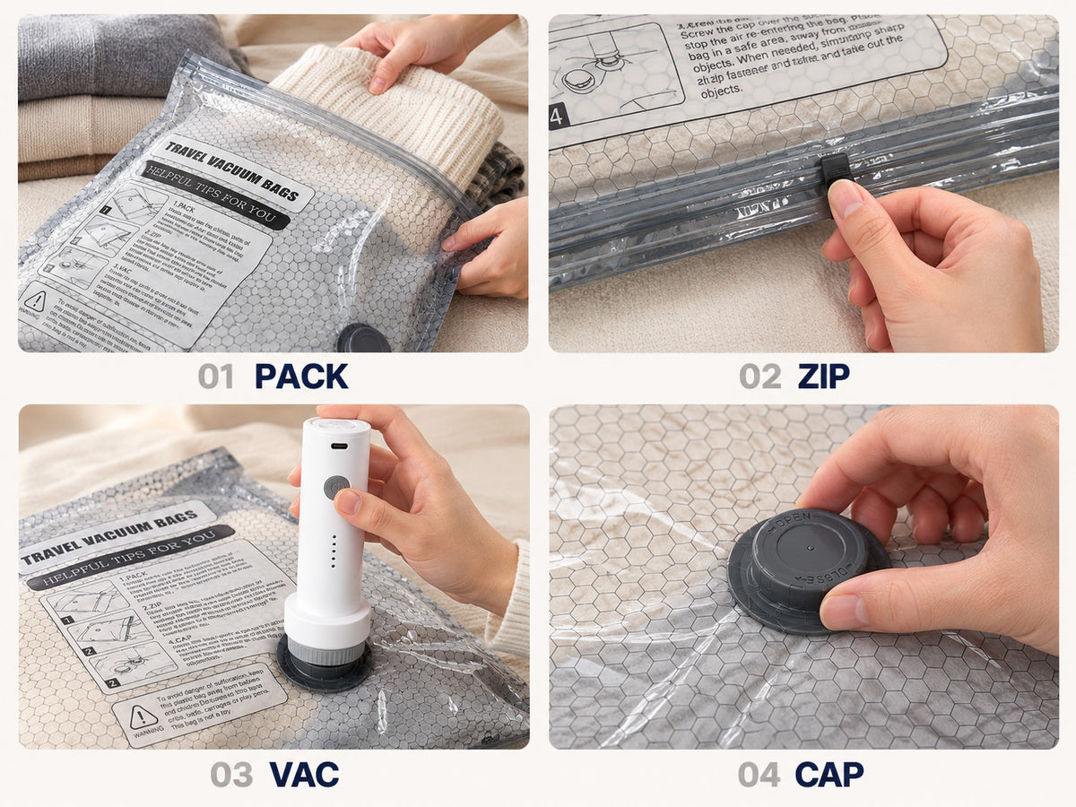 Travel Vacuum Bag Set with Pump showing four steps: pack clothes, seal the zipper, remove air with the electric pump, and close the valve cap.