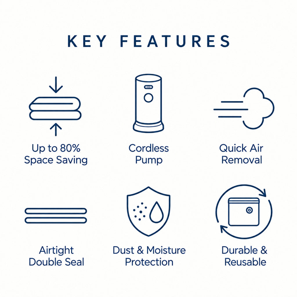 Travel Vacuum Bag Set with Pump key features, including space saving, cordless pump, quick air removal, double seal, and reusable design.
