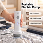 Travel Vacuum Bag Set with Pump – portable electric pump in use with USB-C charging, one-touch control and LED power indicator.