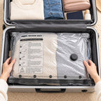 Travel Vacuum Bag Set with Pump packed with folded clothes in an open suitcase during travel preparation.