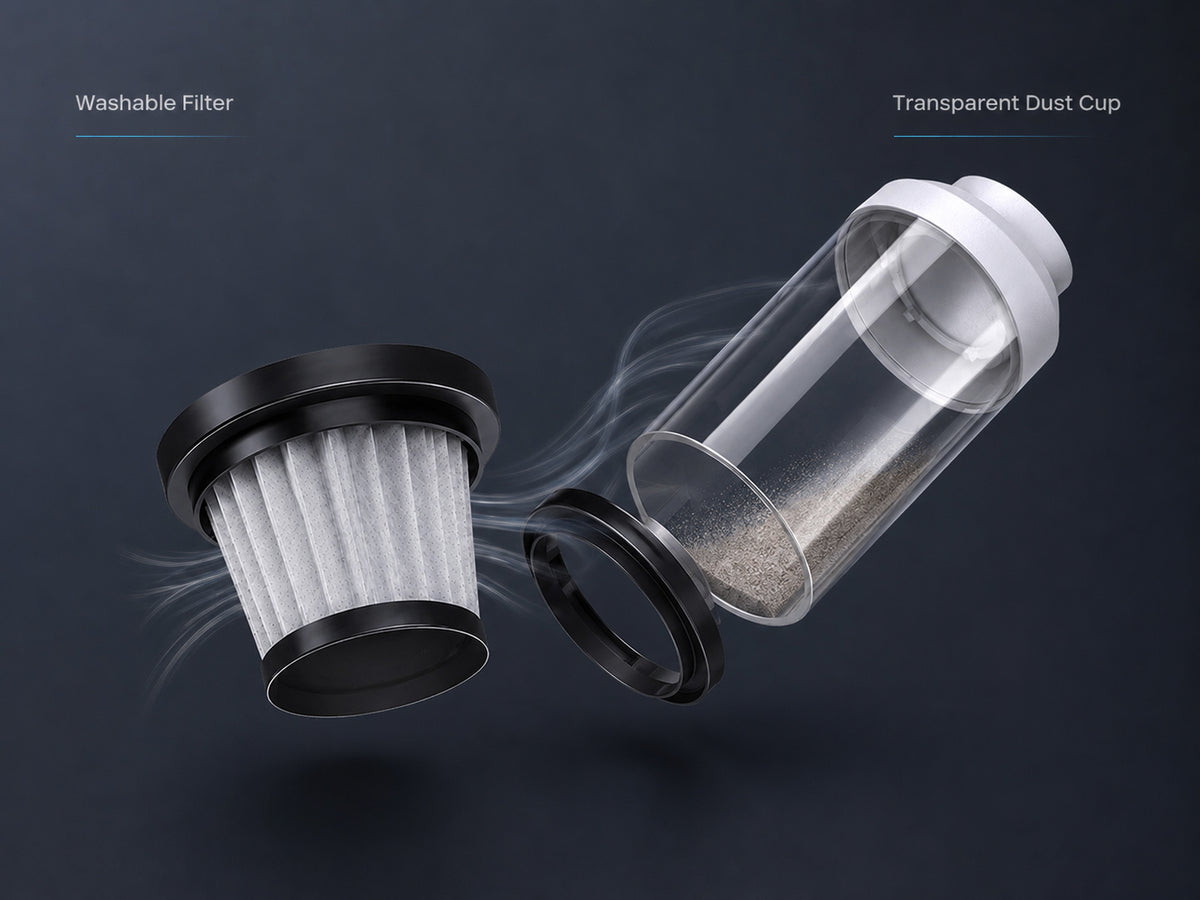 Washable filter and transparent dust cup for easy cleaning and maintenance