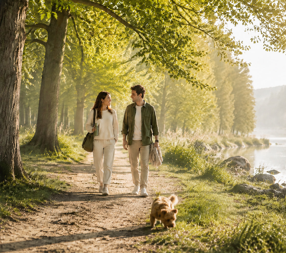 Couple enjoying an everyday walk in a peaceful European-style natural park with their dog